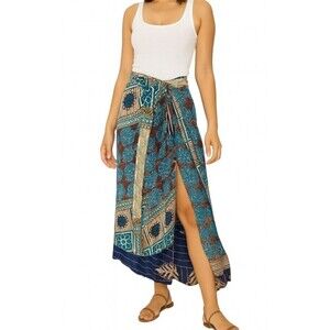 Wrap skirt midi/maxi adjustable satin abstract reversible multi-color OSFM